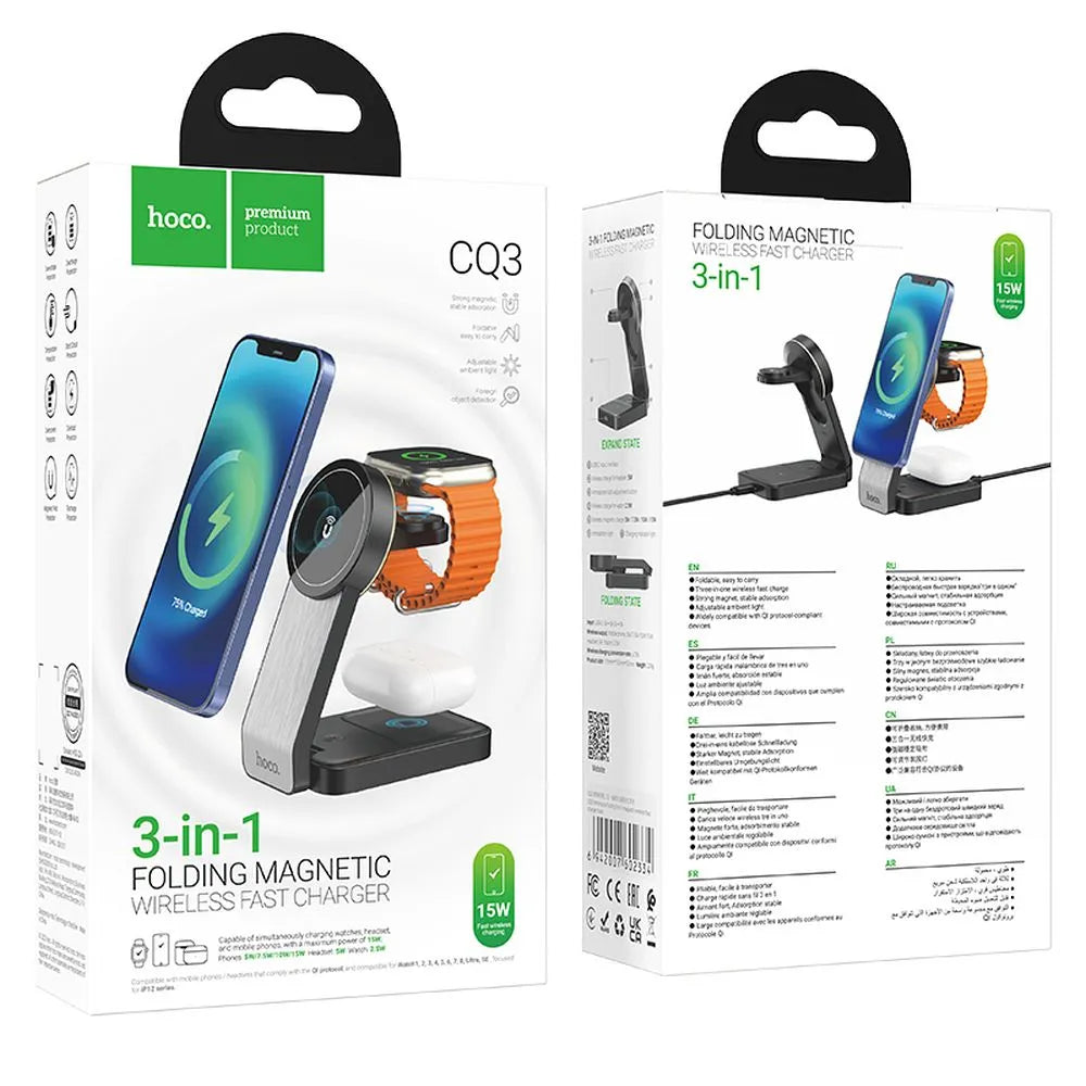 Hoco 3-in-1 Opvouwbare Draadloze Oplader met MagSafe – 15W – Zwart