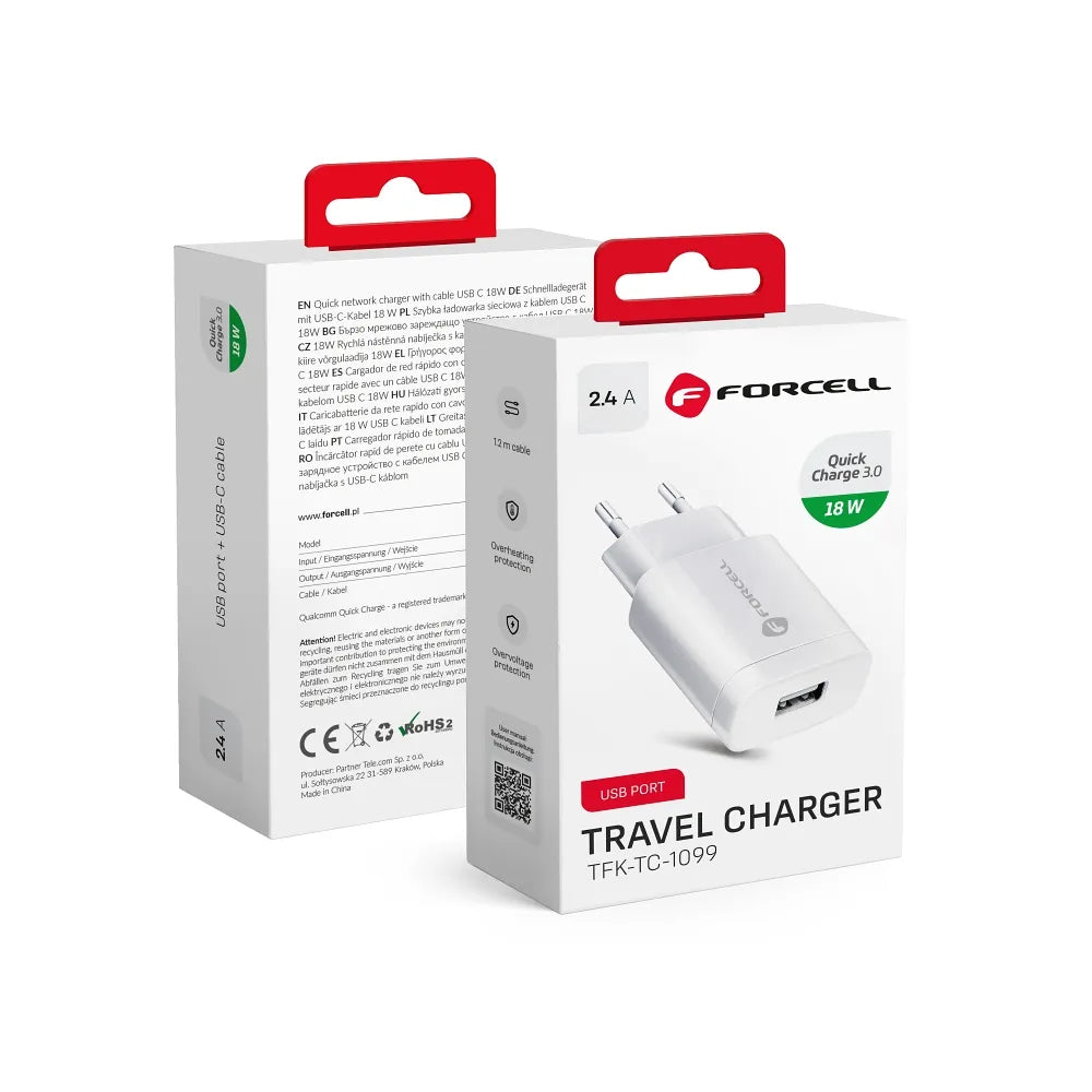Forcell Oplader - Wall Charger – 18 Watt – USB-A – Wit