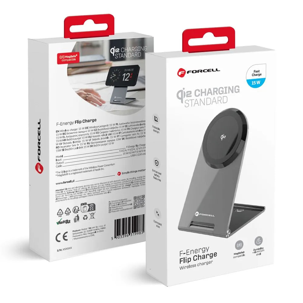 Forcell Flip Charge Qi2 Wireless Charger met MagSafe – USB-C – Draadloze Oplader – 15W – Zilver