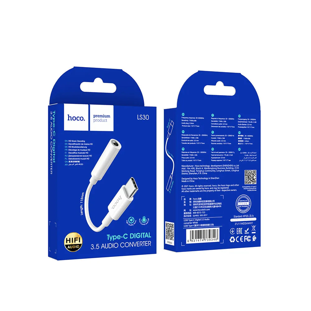 Hoco adapter USB-C naar 3,5 mm Jack – Audio adapter – 12 centimeter – Wit