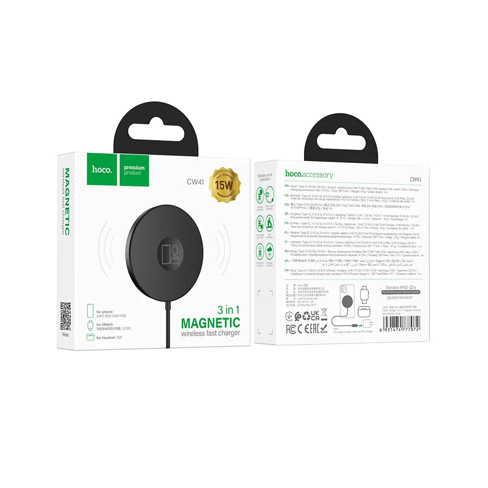 Hoco 3-in-1 Wireless Charger met MagSafe - USB-C - Draadloze Oplader - 15W - Zwart