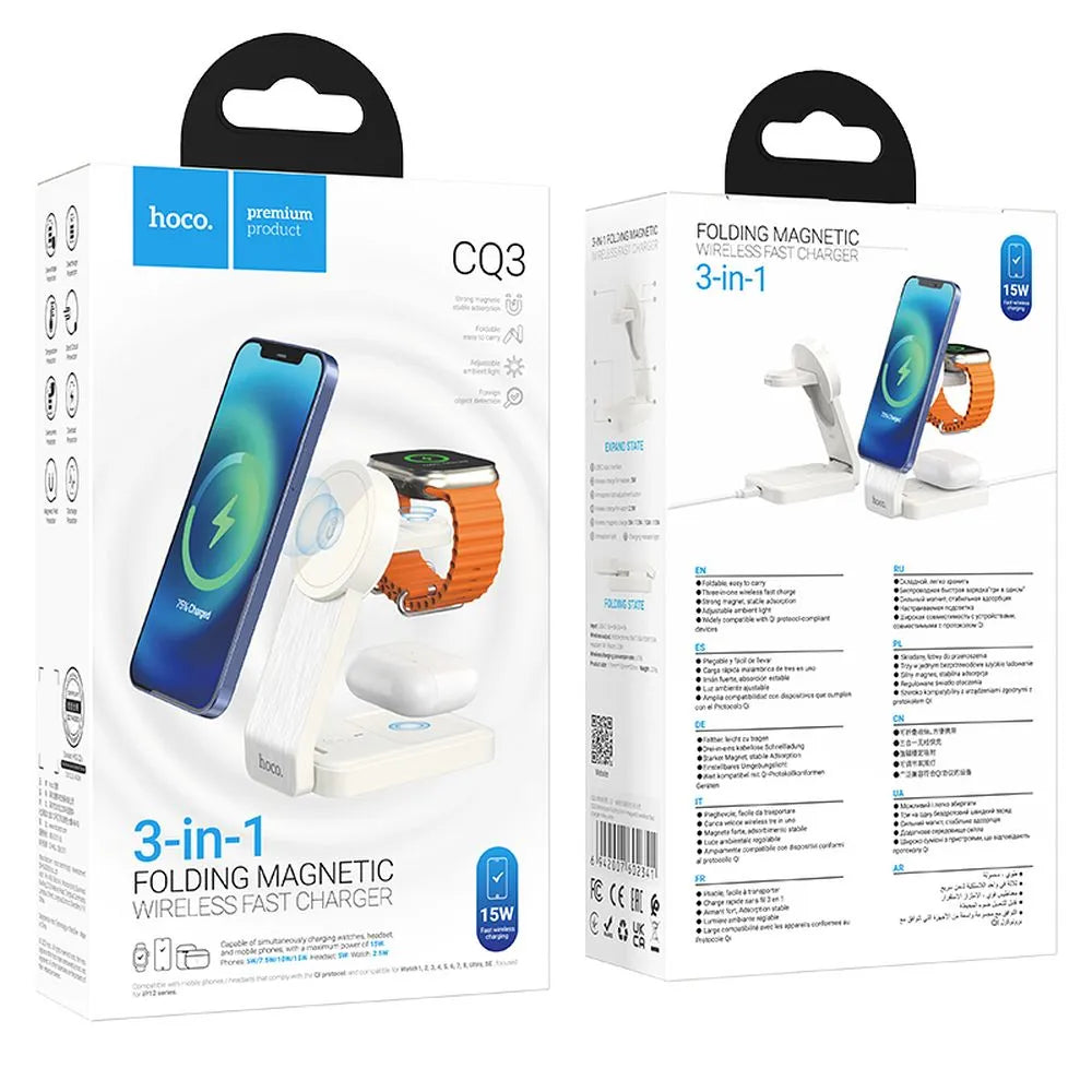 Hoco 3-in-1 Opvouwbare Draadloze Oplader met MagSafe – 15W – Wit