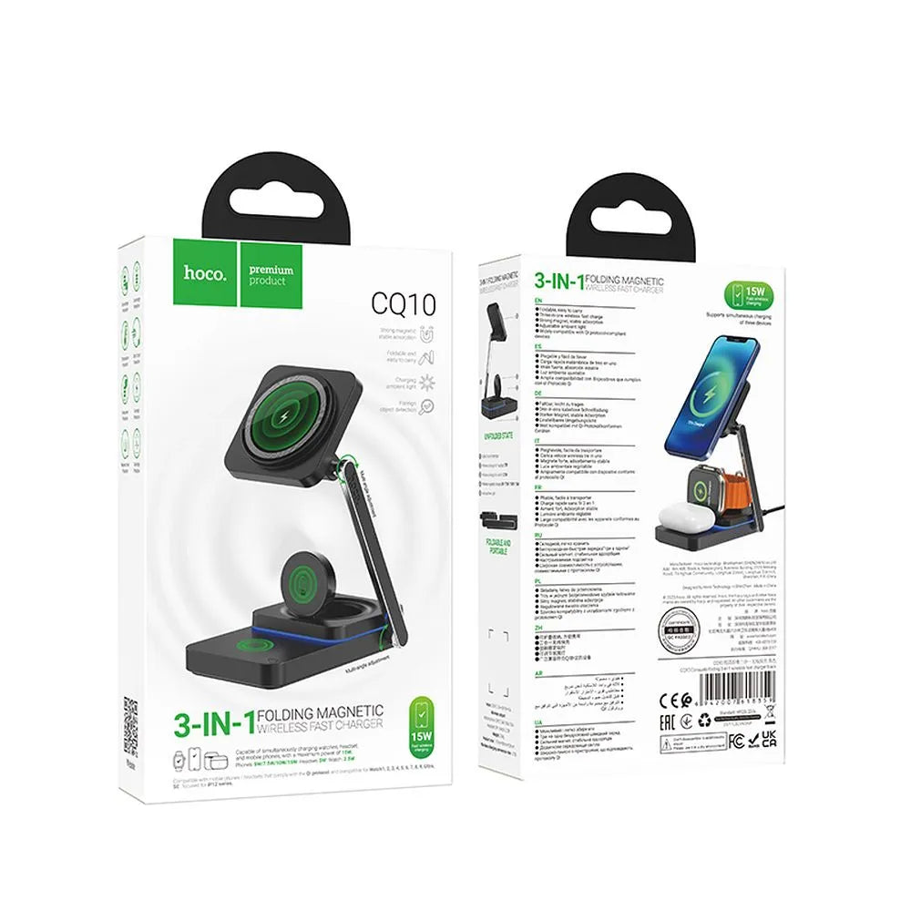 Hoco 3-in-1 Draadloze Oplader met MagSafe – 15W – Opvouwbaar – Zwart